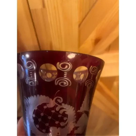 Vintage Egarmann Ruby Cut to Clear Vase/Glass Czech Bohemian set of 2